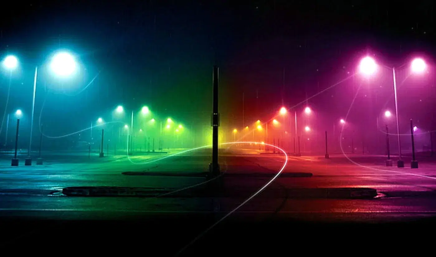 Colourful outdoor street lighting at night
